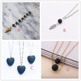 4 Styles Natural Black Lava Stone Necklace Silver Gold Colour heart Aromatherapy Essential Oil Diffuser Necklace For Women Jewellery