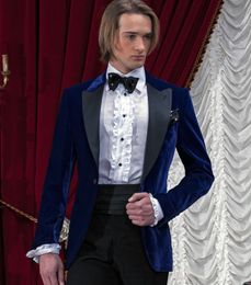 Best Desigen Navy Blue Velvet Groom Tuxedos Peaked Lapel Trim Fit Groomsmen Wedding Tuxedos Men Party Suits((Jacket+Pants+Tie+Girdle) NO;428