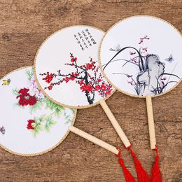 Small Handle Round Silk Dance Fan Costume Chinese Hand Fans Flowers Fabric Wedding Fan Traditional Craft Women Gift Fan