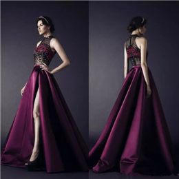 Rami Kadi Prom Dresses High Collar Front Split Embroidery Beaded Evening Gowns Sleeveless Floor Length Formal Pageant Party Wear