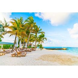 Seaside Backdrop Photo Studio Beach Blue Sky and Sea Green Palm Trees Deck Chairs Summer Holiday Kids Photography Background