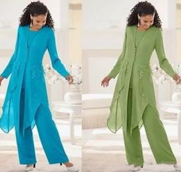 Hot Sale Elegant Chiffon With Long Sleeves Jewel Neck Ruffles Mother Of the Bride Pants Suits Mother Suits with Jacket