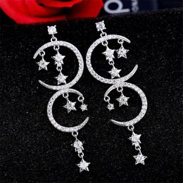 Vecalon Office Fashion Star Moon Dangle earring 5A Zircon Cz White Gold Filled Anniversary wedding Drop Earring for women