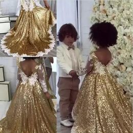 Bling Bling Gold Sequined Flower Girl Dresses Lace Appliques Sheer Long Sleeves Girls Pageant Gowns Sexy Backless Baby Birthday Party Dress