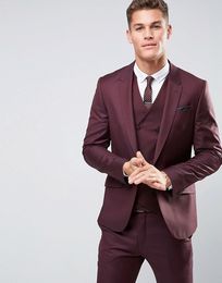 Hot Recommend Back Vent Burgundy Groom Tuxedos Men Formal Suits Business Men Wear Wedding Prom Dinner Suits (Jacket+Pants+Tie+Vest) 607