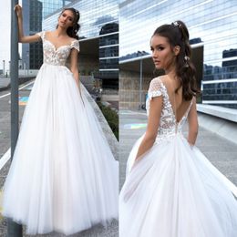 Graceful Beaded Lace Wedding Dresses A Line Sheer Bateau Neck Bridal Gowns Sweep Train Plus Size Tulle Appliqued vestido de novia