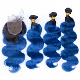 1B Ocean Blue Body Wave Hair Ombre Brazilian Virgin Human Hair Extension Bundles 3 PCS With 4x4 Lace Closure Natural Hairline Free Shipping