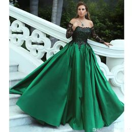 Sexy Off The Shoulder Ball Gown Green Prom Dresses Black Sequined Bateau Neck Formal Evening Gowns Vestidos De Fiesta Plus Size Satin 407