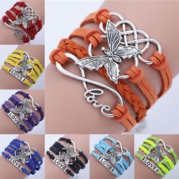 Vintage Infinity Charm Bracelets Leather Bracelets Creative Handmade Rope Butterfly LOVE Fashion MultilayerJewelry 12 Colors Option