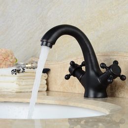 European Black Bathroom Sink Faucet Double Cross Handles Antique Brushed Solid Brass Oval Basin Faucet Kitchen Bar Sink Mixer Tap