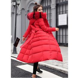 Wjustforu Fashion Long Down Coat Women Bodycon Warm Fur Down Jacket Female Parke Cashmere Bandage Duck Jacket Female Hooded Slim