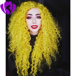 transparent lace yellow long kinky curly lace front synthetic wig for woman 180%density brazilian curly wig cosplay