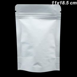 White 11x18.5cm Stand Up Mylar Foil Zipper Lock Packaging Bag Kraft Paper Resealable Aluminium Foil Smell Proof Food Pouch With Tear Notches