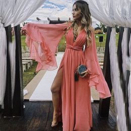 2019 Charming Coral Prom Dresses Long Deep V Neck Bell Sleeves Ruffles Ruched Pleated Chiffon Sexy High Split Backless Evening Gowns