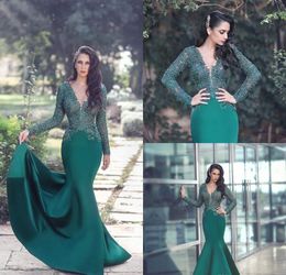 2019 Green Mermaid Evening Dress Appliques Lace Long Sleeves Formal Holiday Wear Prom Party Gown Custom Made Plus Size