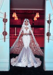 Luxury Mermaid Wedding Dresses With Long Wrap Cape Designer Bridal Gowns V Neck Floral Appliques Beads Dubai Custom Made Wedding Dress