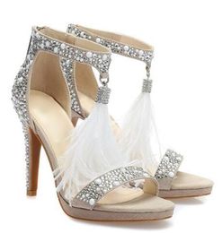 Real Photo Crystal Embellished T bar Sandals For Women White Feather Fringe Wedding High Heel Shoes Shining Rhinestone Sandal Real Photo Crystal Embellished T bar Sandals For Women White Feather Fringe Wedding High Heel Shoes Shining Rhinestone Sandal