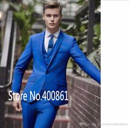Top Design Groom Tuxedos Royal Blue Notch Lapel Groomsmen Best Man Suit Wedding Mens Suits (Jacket+Pants+Vest+Tie) J400