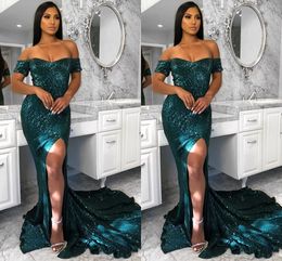 Bling Emerald Sequined Prom Dresses With Off The Shoulder Short Sleeve Sexy Side Split Mermaid Evening Gowns Formal Party Dress Plus Size