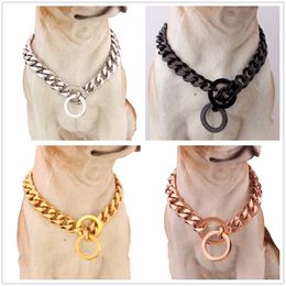 -Silver/Gold/Black/Rose Gold Stainless Steel 15/19mm Wide Curb Cuban Link Chain Dog Chain Collar 12-32" Length