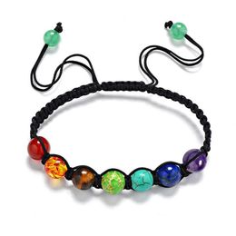 Fashion Jewelry Gemstone Healing Beads Bracelets 7 Chakra Rainbow Natural Stone Hand-woven Adjustable Braided Rope Bracelet Xmas Gift