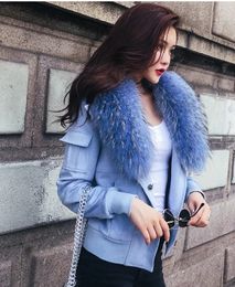 New design fashion women's spring autumn real natural raccoon fur collar suede leather long sleeve short coat jacket plus size SML