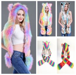 Women Colourful Faux Fur Hat Up Hood Animal Rainbow Hat Wolf Plush Warm Animal Cap With Scarf Gloves Party Scarf Mittens 5 styles mk719