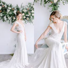 Hot Sale Summer Boho Wedding Dress Sexy Deep V Neck Full Lace Sweep Train Bridal Gowns Custom Made