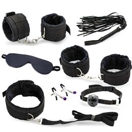 7pcs/set Sexy Lingerie Nylon Tying Erotic Toys BDSM Bondage Set Slave Restraint Hands Nipple Clamps Whip Mouth Gag Sex Mask Y18101501