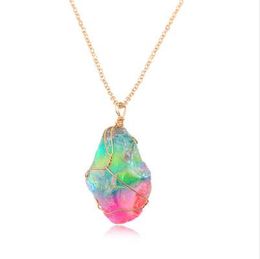 1Pc New Rainbow Stone Natural Crystal Chakra Rock Necklace Golden Plated Quartz Pendant Nice Gift For Lover Friends