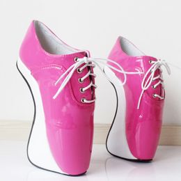 Free DHL Women 7"/18CM Extreme High Heels Pony Heelless Wedge Ballet Ankle boots Lace-up Fuchsia White Shiny Sexy Man Fetish Exotic Shoes