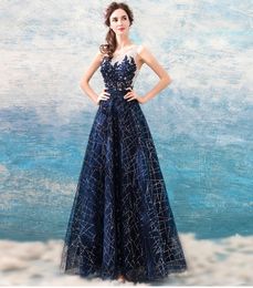 Stunning Navy Blue Evening Dresses Long Prom Dresses Sheer neckline Applique with Beads Sequins Lace-up Back Runway Gowns