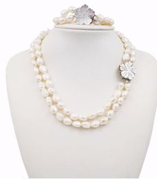 Freshwater Pearl Baroque Shape 2Rows Shell Flowers Clasp Necklace Bracelet Set