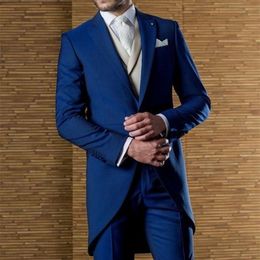 Morning Style Men Wedding Tuxedos Royal Blue 3 Piece Suit Tailcoat Excellent Men Dinner Prom Party Clothes (Jacket+Pants+Tie+Vest) 1173