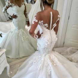 3D-Petals Mermaid Wedding Dresses Sexy Sheer Jewel Neck Lace Applique Long Sleeve Bridal Dress Fashion Covered Button Tulle Wedding Dress