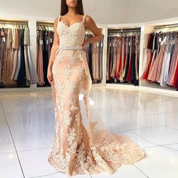 Lace Mermaid Prom Dresses Spaghetti Straps Appliques Beading Sash Floor Length Champagne Elegant Evening Gowns Formal Dresses Sweep Train