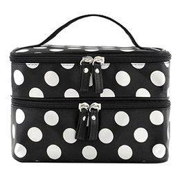 Cosmetic Bag Double Layer Dot Pattern Travel Toiletry Bag Organiser With Mirror, Small Cute Travel Toiletry Pouch