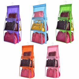 Double Side Transparent 6 Pocket Foldable Hanging Handbag Purse Storage Bag Sundry Tidy Organiser Wardrobe Closet Hanger