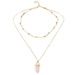 Simple Fashion Multi Layer Necklace Hexagon Natural Stone Pendant Necklaces Gold Plated Chain Chokers Women Fine Jewelry