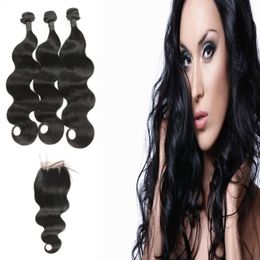 -Producto para el cabello Laflare Peruano Sin Procesar Virginal Del Pelo Humano Barato Onda del cuerpo Paquetes de cabello 3 piezas con 3 partes de cierre de encaje