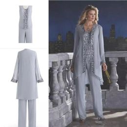 New Arrival Mother Of The Bride Three-Piece Pant Suit Lace Chiffon Beach Wedding Mother's Groom Dress Long Sleeve Wedding Guest Dress