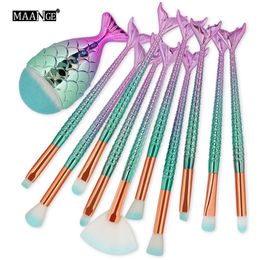 Mermaid Makeup Brushes Set 11pcs Foundation Eyebrow Eye Shadow Contour Beauty Cosmetic Make Up Brush Kit Tools with Little Fish Tail