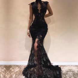 Lace Sexy Mermaid Evening Dresses High Neck Front Split Illusion Long Prom Dress Floor Length Formal Party Gowns