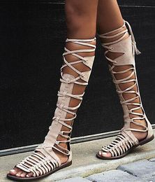 New Summer Women Flat Gladiator Knee High Boots Suede Leather High Quality Sandal Boots Lace Up Sexy Summer Bohemia Ladies Boots