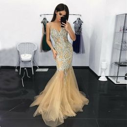 Sexy Crystal Mermaid Evening Dresses Spaghetti Straps Beading Tulle Floor Length Illusion Champagne Bling Prom Gowns Pageant Dresses