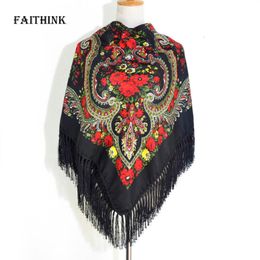 [FAITHINK] Newest Fashion Women Floral Printed Wrap Scarf Winter Warm Designer Tassel Russian Gift Cotton Shawl Headband Scarf S18101904
