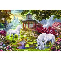 Fairytale Wonderland Unicorn Photo Background Garden Pavilion Bridge Butterflies Pink Flowers Castle Kids Birthday Photography Backdrops