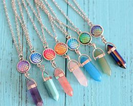 Fashion Natural Stone Hexagonal Prism Drusy Druzy Necklaces Mermaid Scale Pendant Necklace Women Girl Party Fine Jewelry