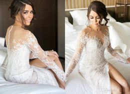 2019 New Split Lace Mermaid Wedding Dresses With Detachable Skirt Sheer Neck Long Sleeves High Split Overskirts Bridal Gown No Vei275o
