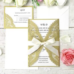 Dark Gold Laser Cut Wedding Invitation Cards Kits with Ribbons + RSVP Cards For Bridal Shower Engagement Baby Shower Graduation Cardstock